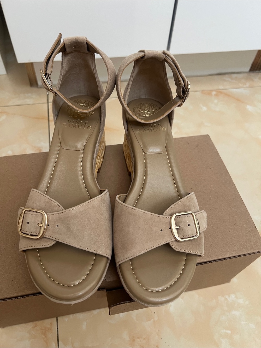 Vince Camuto Taupe Suede Ankle-Strap Wedge Sandals - Picture 2 of 5